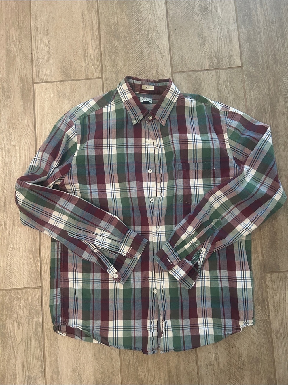 J. Crew Men's Plaid Button-Up Shirt in Green and Burgundy